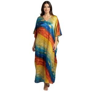 Vintage WINLAR Kaftan Satin Charmeuse in Rainbow Seas Ocean Beach Dress One Size